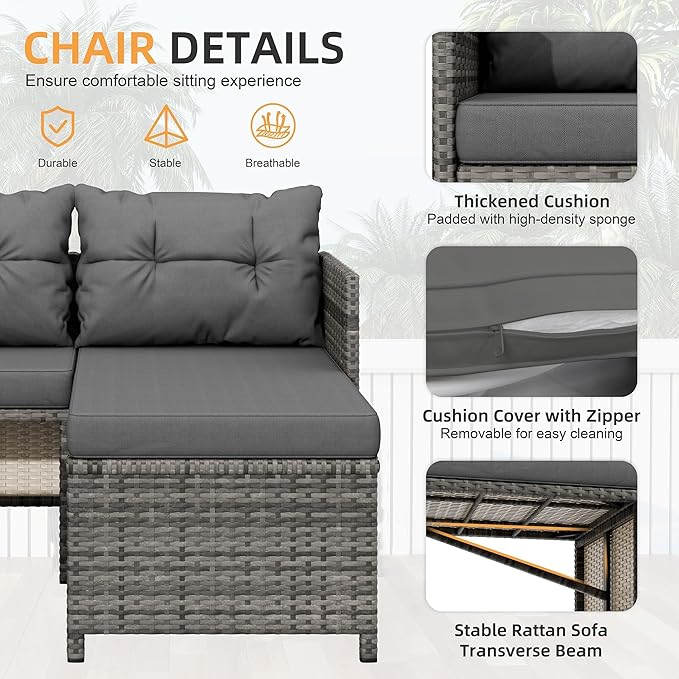 Shintenchi 3-Piece Outdoor Patio Furniture Sets, Wicker Patio Conversation Sets, All Weather Wicker Rattan Patio Seating Sofas with Glass Coffee Table and Cushion, Gray