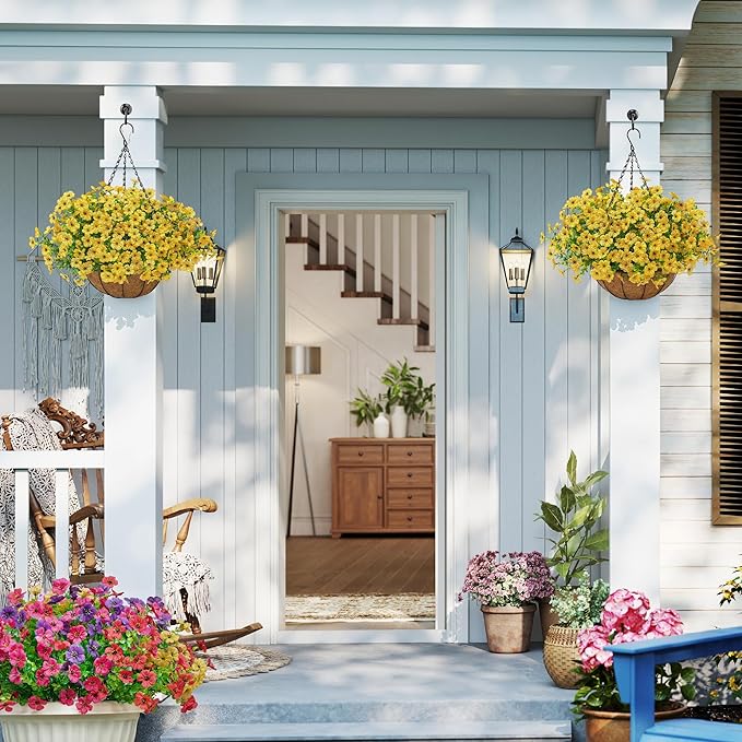 Artificial Faux Hanging Mums Plants Flowers Basket for Outdoors Summer Autumn Decoration,Hanging Planters with Fake Silk Daisy UV Resistant Realistic for Outside Porch Patio Balcony Garden Home Yellow