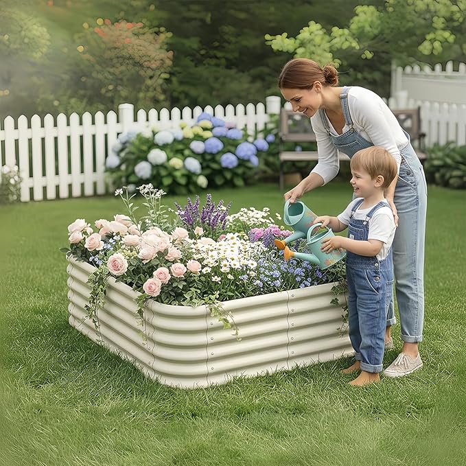 2-Pack 4x1.5ft Galvanized Raised Garden Bed, Outdoor Planter Bed, Metal Planter Box for Gardening and Planting,Milk White