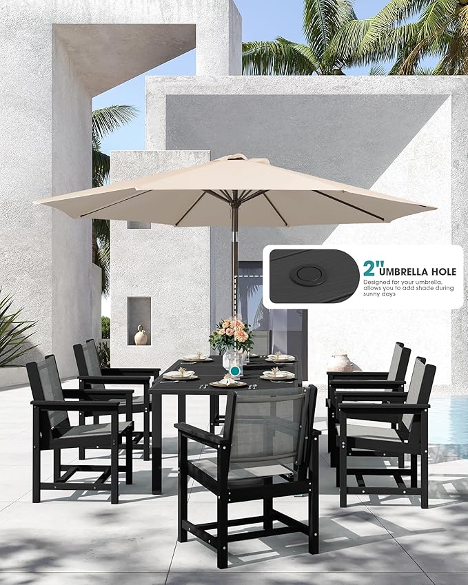 SERWALL 7-Piece Patio Dining Sets, 60" - 83" Expandable Outdoor Dining Table with 6 Breathable Textilene Chairs, All Weather HDPE Patio Furniture Set for Backyard, Garden, Black