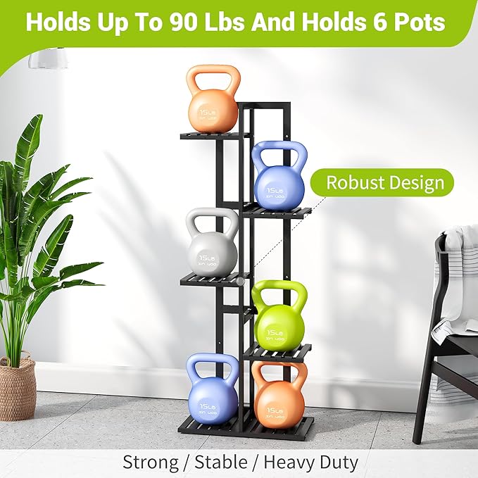 BMOSU Bamboo Plant Stand for Indoor Outdoor Plants Corner Tall Plant Shelf 6 Potted Holder Shelf Plant Rack Holder Display Rack(Black)