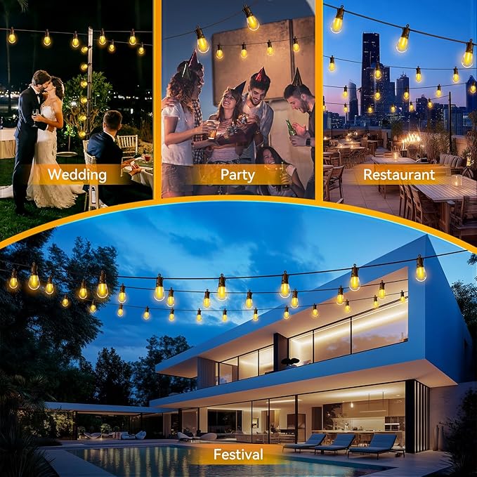 Outdoor String Lights Patio LED Light Outside - 15M 15+1 S14 LED IP65 Waterproof 50ft Porch Lighting Garden Lights