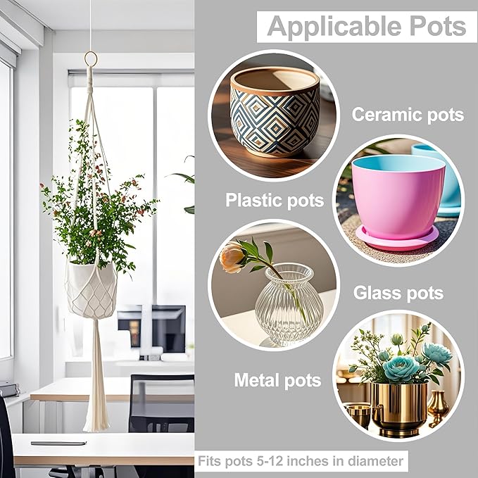 3 Pack Macrame Plant Hanger Indoor, 35 41 47 Inch Handmade Boho Hanging Planter Basket with Screw Hooks S-Hooks and Extension Rope for Indoor Plants Home Decor (POTS NOT Included) (White)