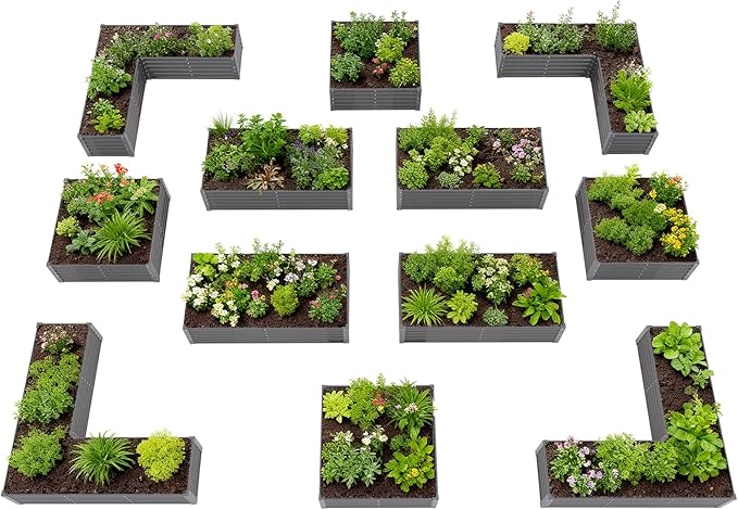 A ANLEOLIFE 12-Piece 18 Inch Tall Raised Garden Beds Kit, L-Shaped, Square & Rectangular Metal Planters for Flexible Backyard Layouts, Quartz Grey