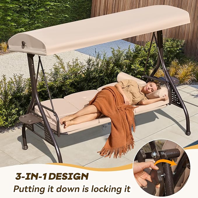 3 in 1 Outdoor Porch Swing with Adjustable Canopy, 3 Seat Outdoor Swing for Adults, Patio Swing Chair with Thickened Cushions,Pillows & Cup Holders for Backyard, Porch, Garden (Khaki)