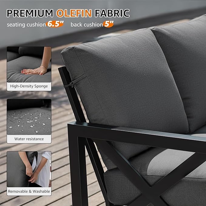 NATURAL EXPRESSIONS 6 Pieces Patio Furniture Sets, Metal Outdoor Sectional Furniture L Shape Patio Conversation Sets,Highback Frame,Metal Table,Large Waterproof Cover, 6.5" Olefin Cushions,Dark Grey