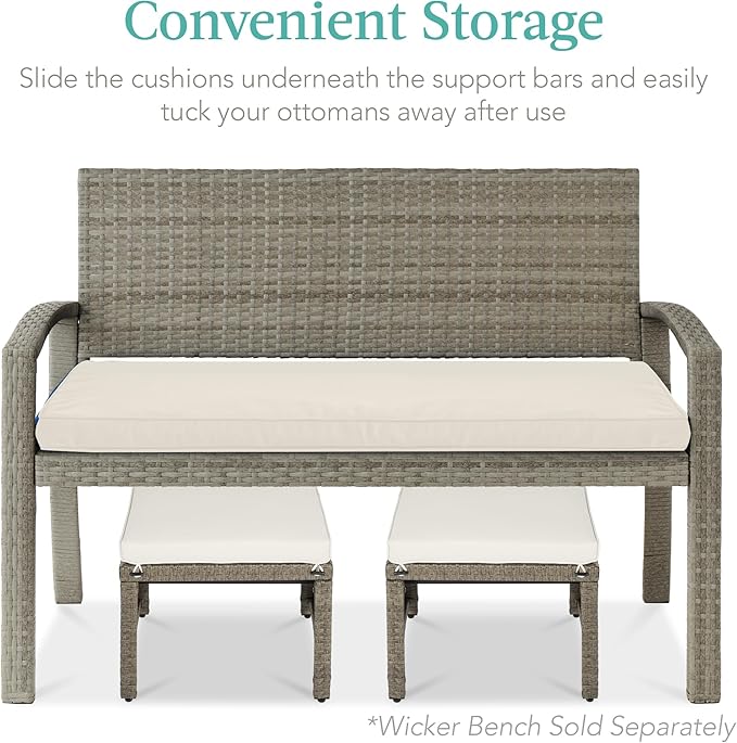 Best Choice Products Set of 2 Wicker Ottomans, Multipurpose Outdoor Furniture for Patio, Backyard, Additional Seating, Footrest, Side Table w/Removable Cushions, Steel Frame - White Sand/Taupe
