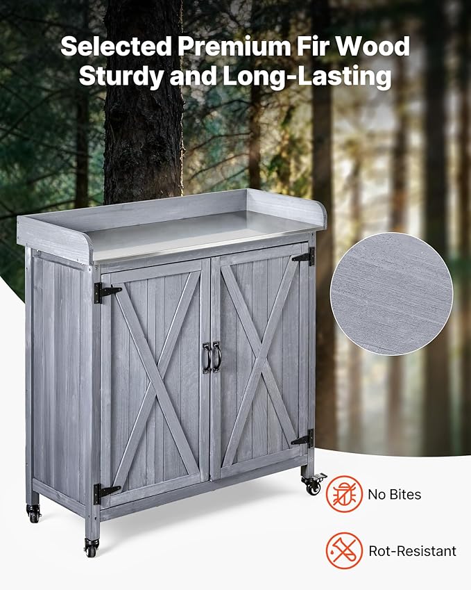VEVOR Potting Bench Table, Outdoor Gardening Wooden Storage Cabinet with 36 x 16 in Galvanized Iron Tabletop, Garden Planting Workstation with Large Storage Space, 4 Casters for Patio, Backyard, Gray