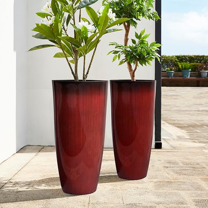 Glitzhome 30" H Oversized Tall Planter, Set of 2 Large Outdoor Planters with Drainage Holes, Gradient Red Faux Ceramic Finish, Large Flower Pots Plastic Plant Pots for Indoor Outdoor Front Door Patio