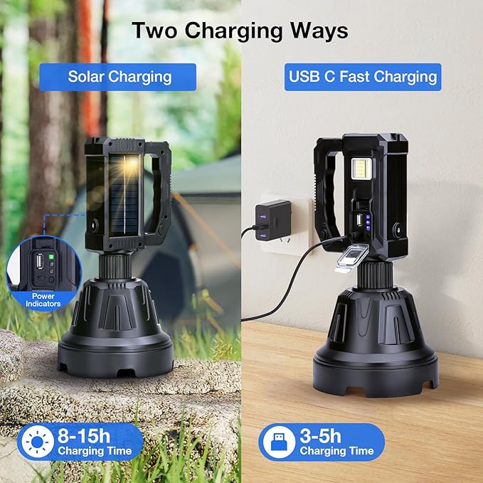 Solar Rechargeable Spotlight 3,000,000L High Lumens, Super Bright Led Spot Lights Outdoor Handheld Long Range Flashlight with 6 Modes, 3 Colored Filters, Tripod, USB C for Fishing Boating