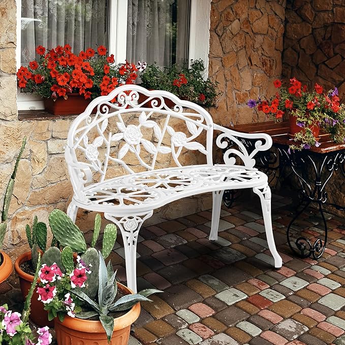 VINGLI 38.5" Patio Park Garden Outdoor Metal Rose Bench, 2-Person Cast Iron Cast Aluminium Frame Antique Finish Chair,Accented Lawn Front Porch Path Yard Decor Deck Furniture (White, Rose)