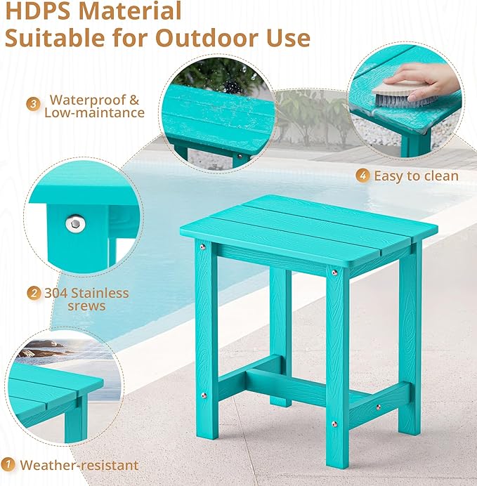 LUE BONA Outdoor Side Table, HDPS Small Outdoor Table, Adirondack Side Table, Outside End Table for Patio, Porch, Deck, Weather Resistant/Easy Maintenance/Indoor or Outside Use, Aruba Blue