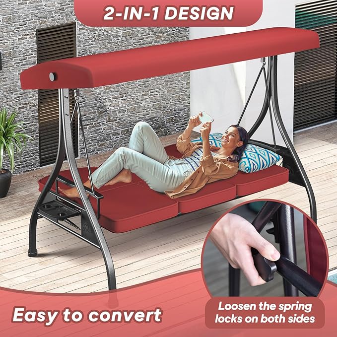 3 Seat Outdoor Porch Patio Swing with Stand 800lbs 2-in-1 Convertible Swing Bed with Adjustable Canopy & Removable Cushion for Yard Garden Deck (Wine Red, Square Tube)