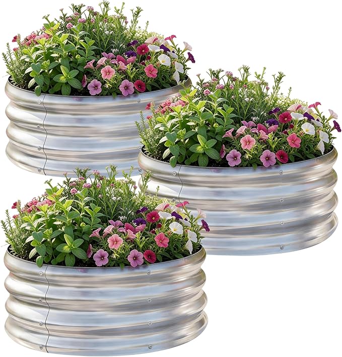 AHEONLAR 3Pack 2x2x1 ft Round Galvanized Raised Garden Bed Kit Round Metal Flower Box Large Planter Raised Beds Outdoor Garden for Planting,Fruit,Herb-Sliver