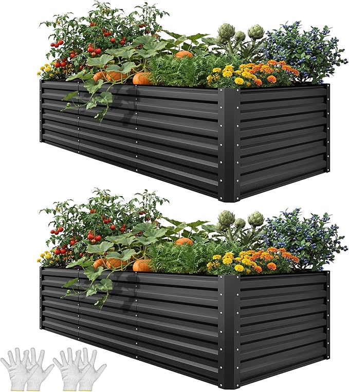 YITAHOME 8x4x2ft 2pcs Large Raised Garden Bed, Galvanized Metal Planter Box with Gloves, Ground Nails, Support Rod & Safety Rubber, Outdoor Above Ground Planters for Plants Vegetables Flowers, Black