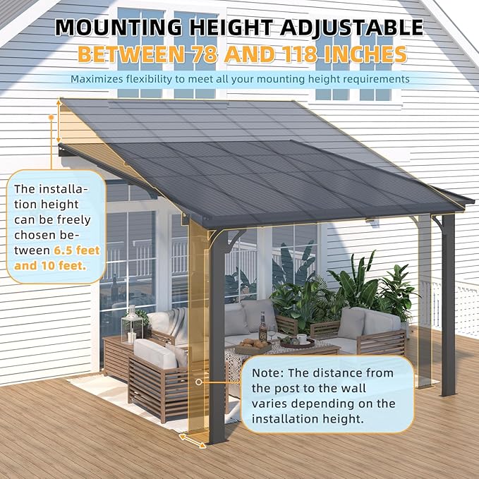AECOJOY 10' x 10' Adjustable Height Outdoor Gazebo Pergola for Patio, Large Wall-Mounted 6.5-9.8 Ft Hard Top Lean to Metal Heavy Duty Metal Awnings Shelter Pergolas and Gazebos Clearance with Roof