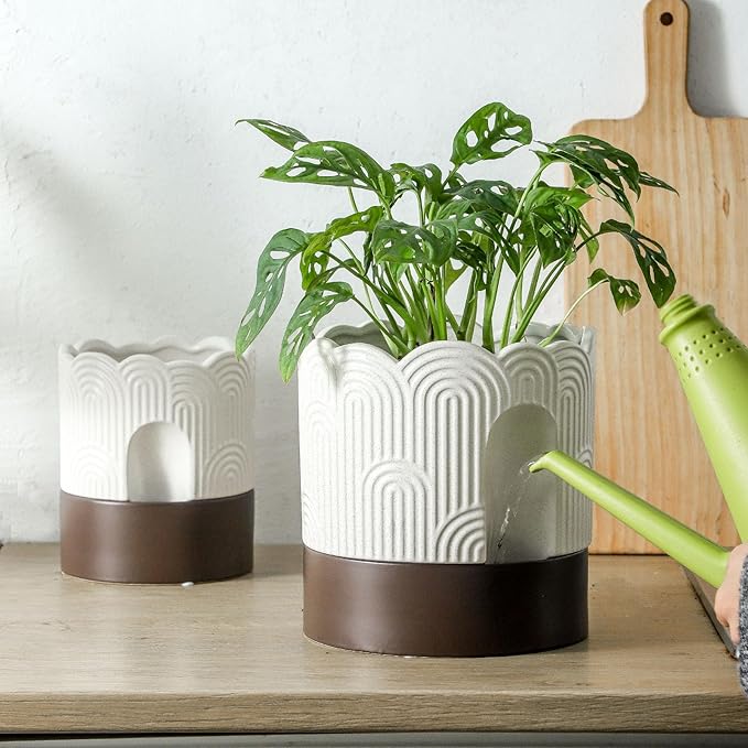 Nihow Self Watering Plant Pot: 8 Inch Ceramic Planter with Drainage Hole & Water Storage Plus - Relief Design Self Watering Pot for Indoor Plants - Beige & Brown Flower Pot