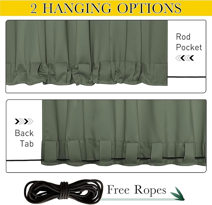 NICETOWN 2 Panels Outdoor Curtains Waterproof Fixed Grommet/Back Tab on Top & Bottom, Thermal Insulated Windproorf Sun Blocking Outdoor Drapes with Rope for Patio/Gazebo, W52 x L84, Greyish Green