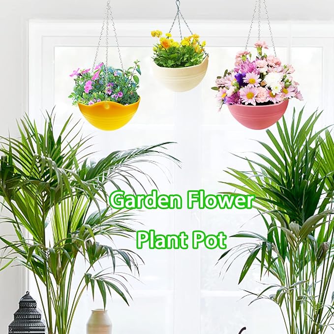 7 Pack 8 Inch Plastic Self-Watering Hanging Planters,Colorful Garden Flower Plant Pot Container Baskets with Drainer Chain for Indoor Outdoor Use,7 Colors