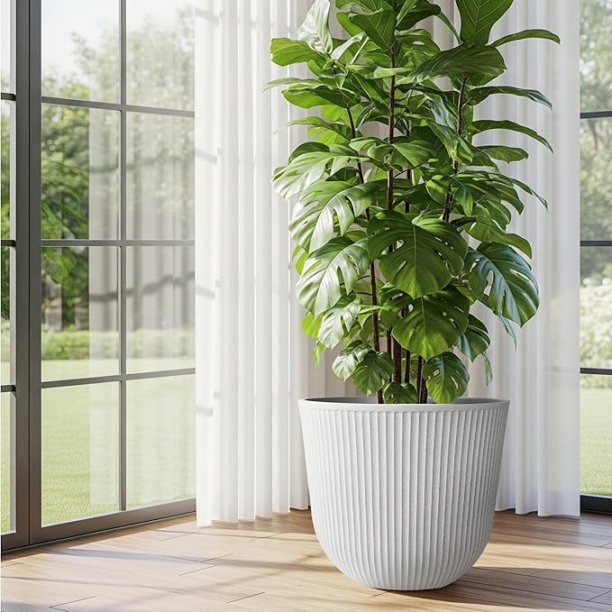 WORTH Garden Round Large Planter Pot Set of 2-17.5" Dia x 15.5" H - Durable Plastic White Plant Tree Pots with Vertical Stripe Textured Finish, Drainage Hole for Indoor, Outdoor, Front Porch, Patio