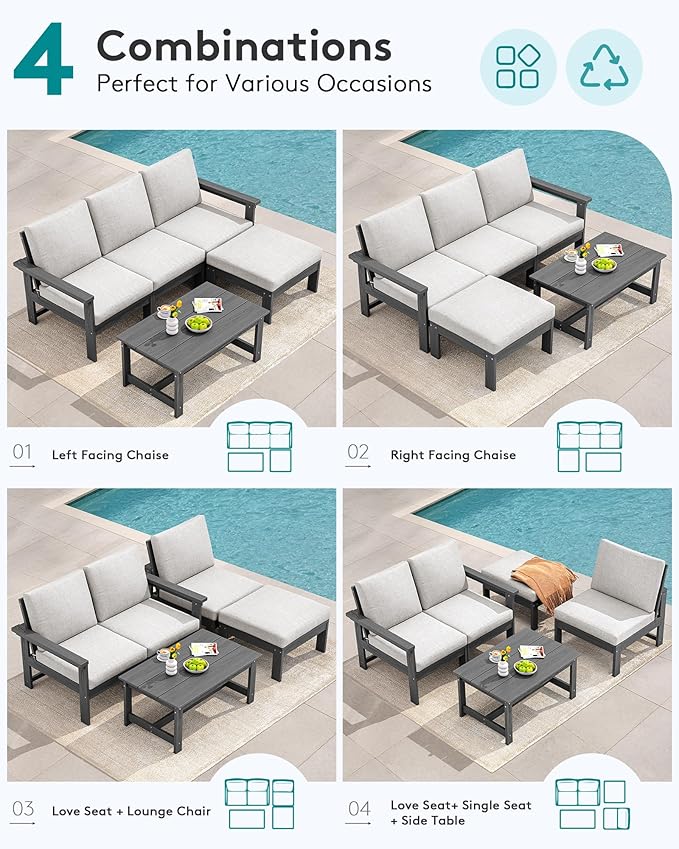 SERWALL Outdoor Sectional Sofa Set, 5-piece Outdoor Modula Couch Set with Ottoman, All Weather Patio Furniture Set with Chaise for Deck, Lawn, Gray Frame with Khaki Cushion