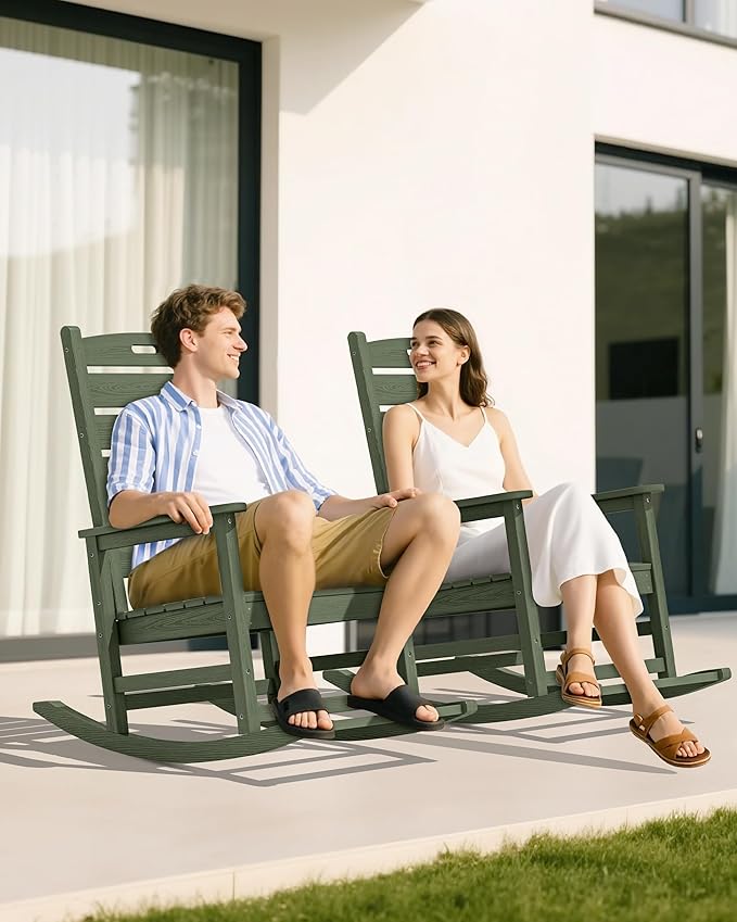 SERWALL Outdoor Rocking Chair Set of 4, Oversized HDPE Patio Rocking Chair with Footrest for Adults, All Weather Porch Rocker for Deck Patio Balcony, Avocado Green