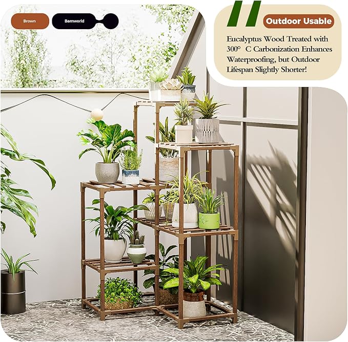 Bamworld Plant Stand Indoor Plant Shelf Outdoor Corner Wood Plant Table 7 Pots Flower Stands for Living Room Plant Rack Indoor for Multiple Plants Patio Balcony Garden Decor