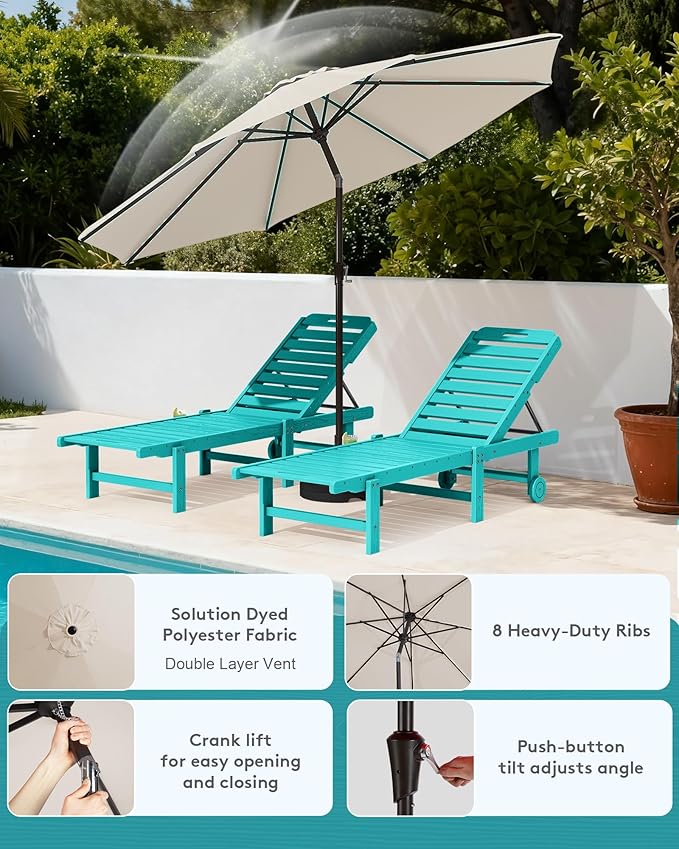 SERWALL Outdoor Chaise Lounge Set of 2 with 9FT Umbrella, HDPE Pool Lounge Chair with 5-Position Adjustable Backrest, Patio Lounger with Rolling Wheels & Cup Holder for Pool, Aruba