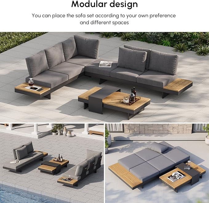 homary Outdoor Conversation Sets, 6 Piece Aluminum & Teak Patio Sectional Sofa Set with Adjustable Backrests, Waterproof Cushions, Ideal for Patios & Balconies | Outdoor Materials, Fade Resistant, Modular design