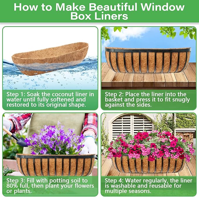 Legigo 2 Pack Trough Coco Liner for Planters- 30 Inch Window Box Liners Coconut Coir Basket Liners, Planter Box Coconut Liner for Window Flower Box Pots, Fence Trough Planter, Wall Planter Basket
