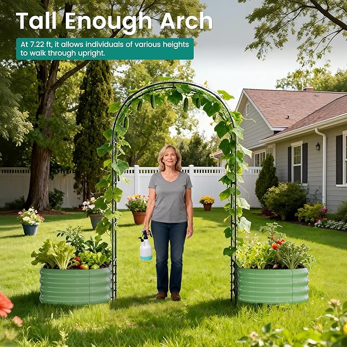 DoCred 3 in 1 Raised Garden Bed with 87in Tall Arch Trellis for Climbing Plants, Galvanized Planter Garden Box Outdoor for Gardening, Climbing Vegetables, Flower, Green