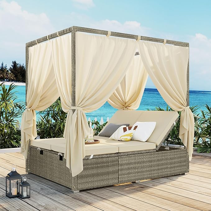 Harper & Bright Designs Adjustable Outdoor Sun Lounger with Canopy,Multi-Position Recline Patio Chair with Removable Cushion,Weather-Resistant Rattan Chaise Lounge for Poolside,Garden & Terrace,Beige