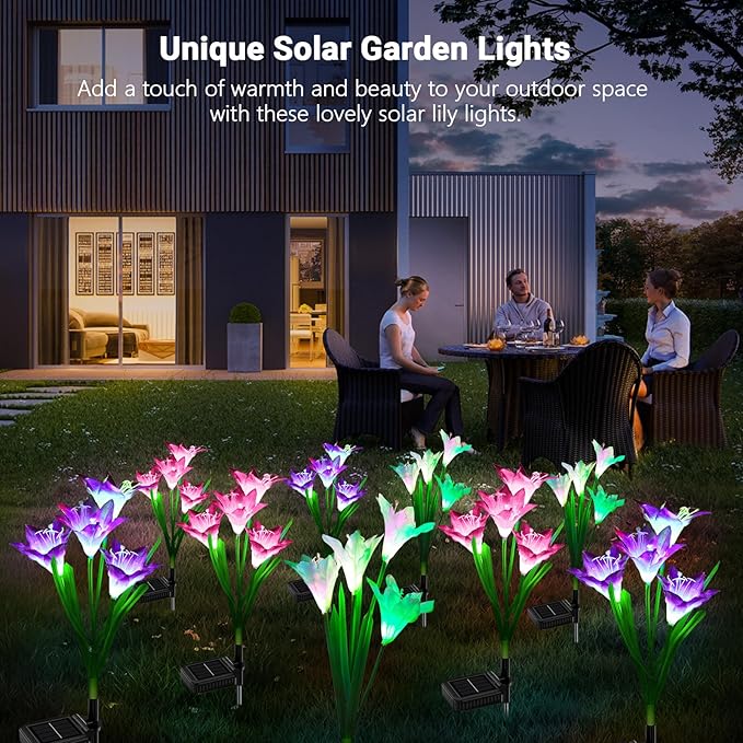WdtPro Solar Lights Outdoor Garden Decorative 6 Pack, Waterproof Solar Garden Lights with 24 Lily Flowers, Color Changing LED Solar Powered Landscape Lights for Outside Yard Patio Decor,Gifts