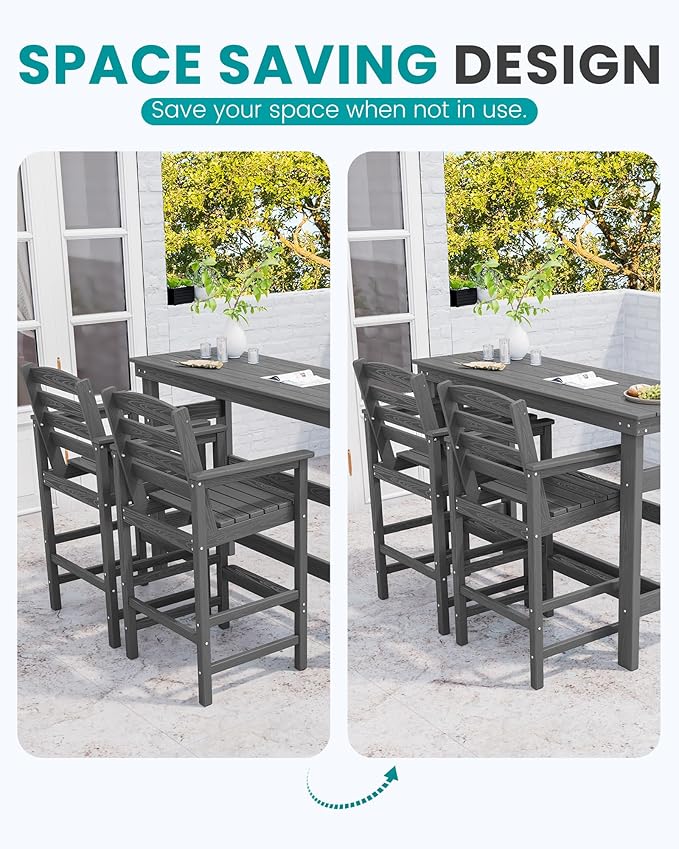SERWALL Outdoor Bar Table and Chairs Set, Adirondack Bar Chairs Set of 2 and Bar Height Table, All Weather HDPE Patio Bar Set, Outdoor Furniture for Outside, Grey