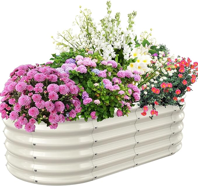 17" Tall Elevated Oval Metal Raised Garden Bed - 4ft x 2ft in Size and 0.8MM Thick Durable Planter Bed/Box for Vegetables Flowers Succulent at Patio/Garden Outdoor (White, 4X2X1.4 FT)