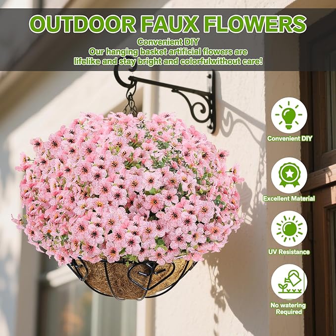 Artificial Flowers for Outdoor Indoor,Silk Flowers No Fade Fake Plastic Flowers Faux Plants for Outdoors Outside Front Porch Hanging Planter Window Box Garden Home Decoration,13 Bundles(Pink)