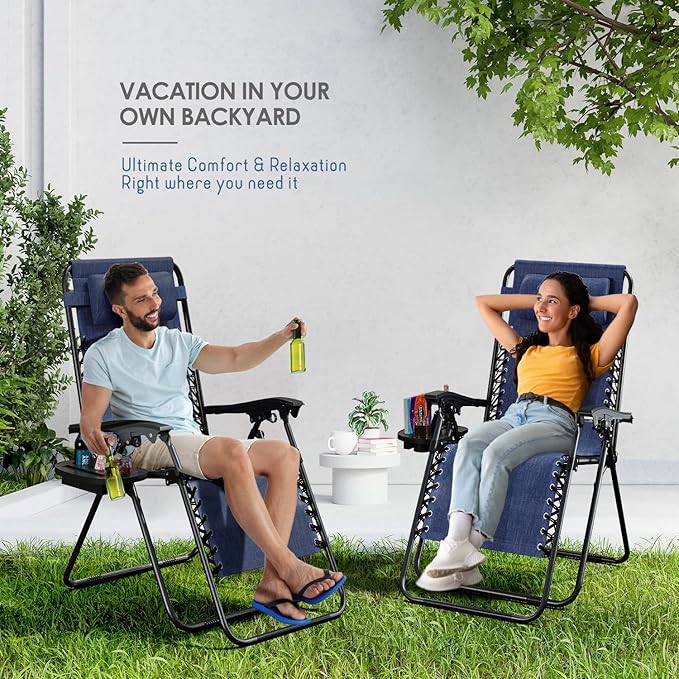 Nestl Zero Gravity Chairs Set of 6, Patio Lounge Chair Outdoor with Pillows & Cup Holder Trays, Adjustable Steel Mesh Reclining Camping Chair, Folding Patio Lawn Chair for Deck, Beach, Yard - Blue
