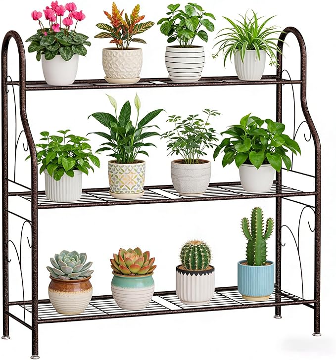 SORCEDAS Plant Stand Indoor Outdoor Plant Shelf 3 Tier Metal Corner Flower Stand Multiple Holder for Patio Garden Balcony Living Room, Bronze