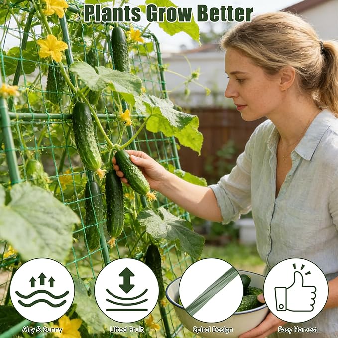 Miory Cucumber Trellis for Raised Beds, 48 x 63 Inch Metal U-Frame Garden Trellis for Climbing Plants Outdoor with Climbing Net, Plant Support for Cucumber Tomato Bean Pea