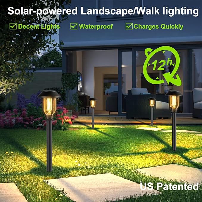 12 Pack Solar Pathway Lights Outdoor, Dusk to Dawn Solar Lights Outdoor Waterproof,Solar Garden Lights Solar Powered, Landscape Lighting for Yard Walkway Driveway Path Warm White