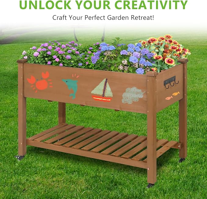 Raised Garden Bed with Legs & Wheels –, Outdoor Elevated Planter Box with Storage Shelf & Hooks for Vegetables, Flowers, and Herbs for Outdoor Gardening, Patio, Balcony,48"x 24"x 33"(Brown)