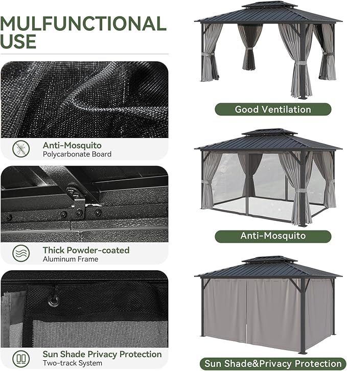 Aoxun 10'x12' Hardtop Gazebo, Aluminum Frame Canopy with Double Galvanized Steel Roof, Outdoor Metal Pavilion with Netting, and LED Outdoor Waterproof Hanging Lights