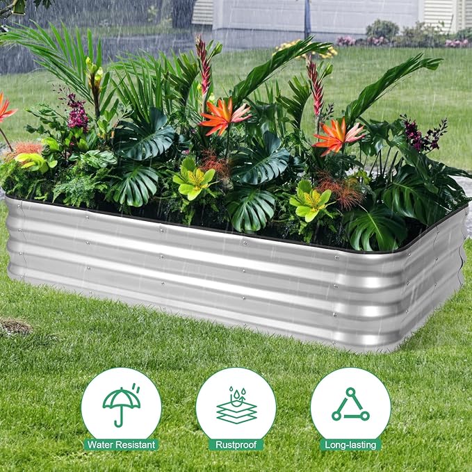 1MORE Raised Garden Bed -5X3X1 Galvanized Planter Box for Outdoor Gardening,4 in 1 Modular Raised Bed Kit with Protective Tape, Gloves for Herb,Ideal for Vegetables and Plants.Sliver-1Pcak