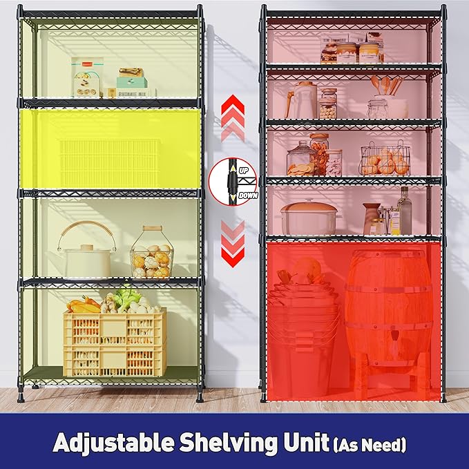 Storage Shelves Adjustable Metal Shelving Unit 5 Tier Wire Shelving,1010LBS Pantry Shelves Sturdy Steel Wire Shelf for Laundry Bathroom Kitchen Pantry, 13.6" D x 21.5" W x 59.4" H, 2PCS