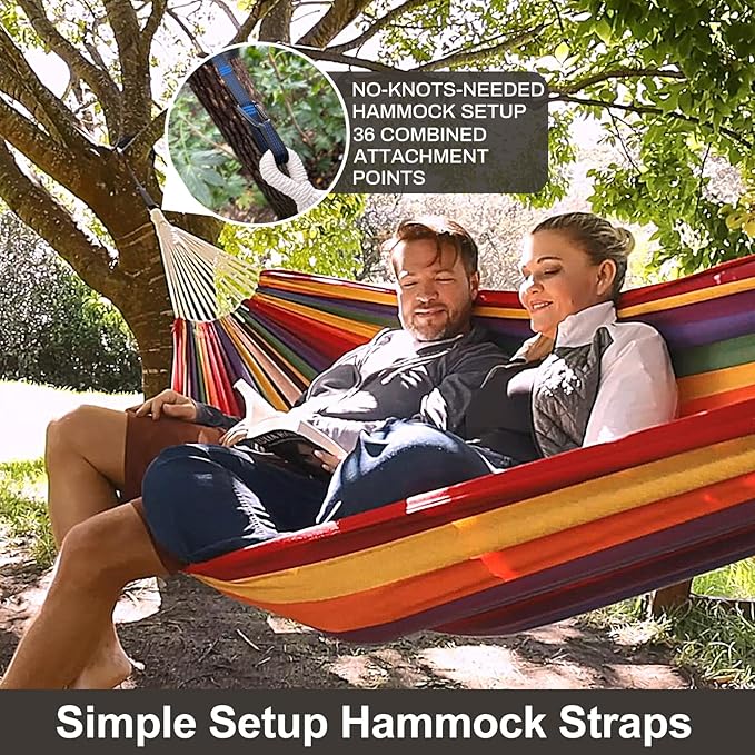 Brazilian Double Hammock with Tree Straps,Extra Large 240x160cm,2 Persons Hammock for Backyard Patio Outdoor and Indoor,450lbs Weight Capacity,Soft Woven Cotton Fabric Natrual White