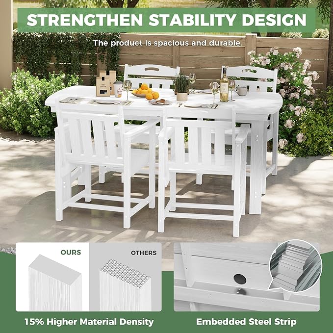 HDPE Outdoor Patio Dining Set with Table & 4 Chairs, All-Weather 5-Piece Outdoor Table and Chairs, 2" Umbrella Hole, Patio Furniture for Garden, Backyard, Deck | White