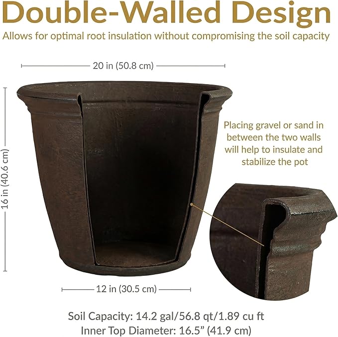 Sunnydaze 20-Inch Anjelica Large Plastic Pot for Plants - Outdoor Double-Walled Large Plastic Planter with Drillable Drainage Holes - Sable