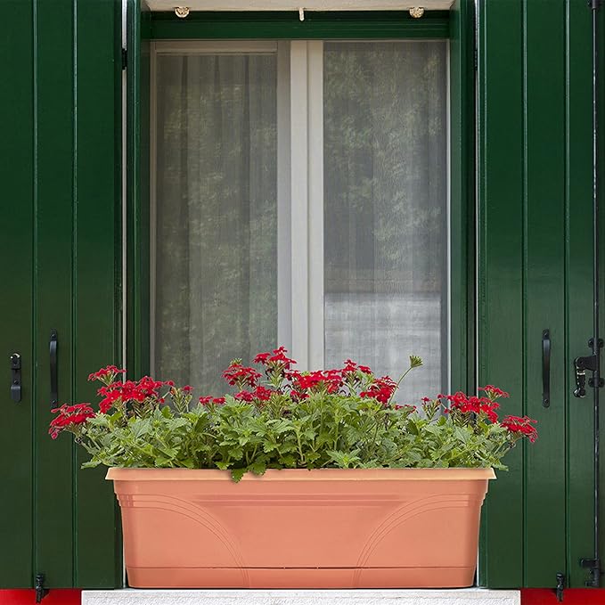 Southern Patio 36 Inch Rectangular Plastic Medallion Hanging Windowsill and Garden Box Planters with Drainage Holes, Terracotta (2 Pack)