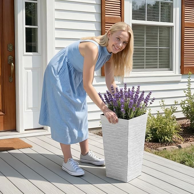 VEVOR Set of 2 Tall Planters for Outdoor Plants 23 inch, White Tall Planter for Indoor Plants, Modern Planters for Front Porch Patio Balcony, Plant Container Flower Pots with Built-in Drainage
