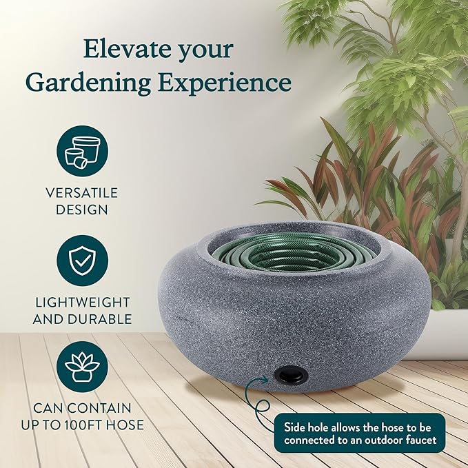 HC Companies Versatile 21 Inch Round Natural Decorative Plastic Outdoor Garden Hose Storage Pot with Side Hole for Faucet Connection, Granite